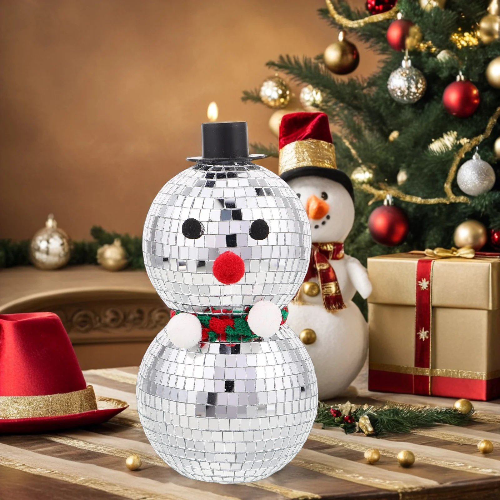 

Christmas Snowman Mirror Ball Disco Reflective Statue Holiday Fireplace Tabletop Decoration Snowman Mirror Ball Figurines