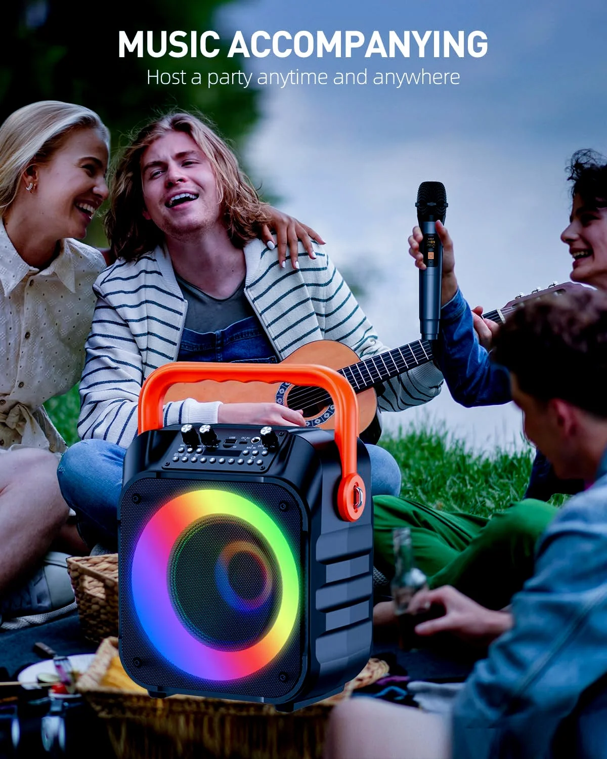 2024 AMZ أفضل بائع آلة الكاريوكي المحمولة مع اثنين من اللاسلكية لميكروفونات بلوتوث RGB LED الإضاءة للحفلات