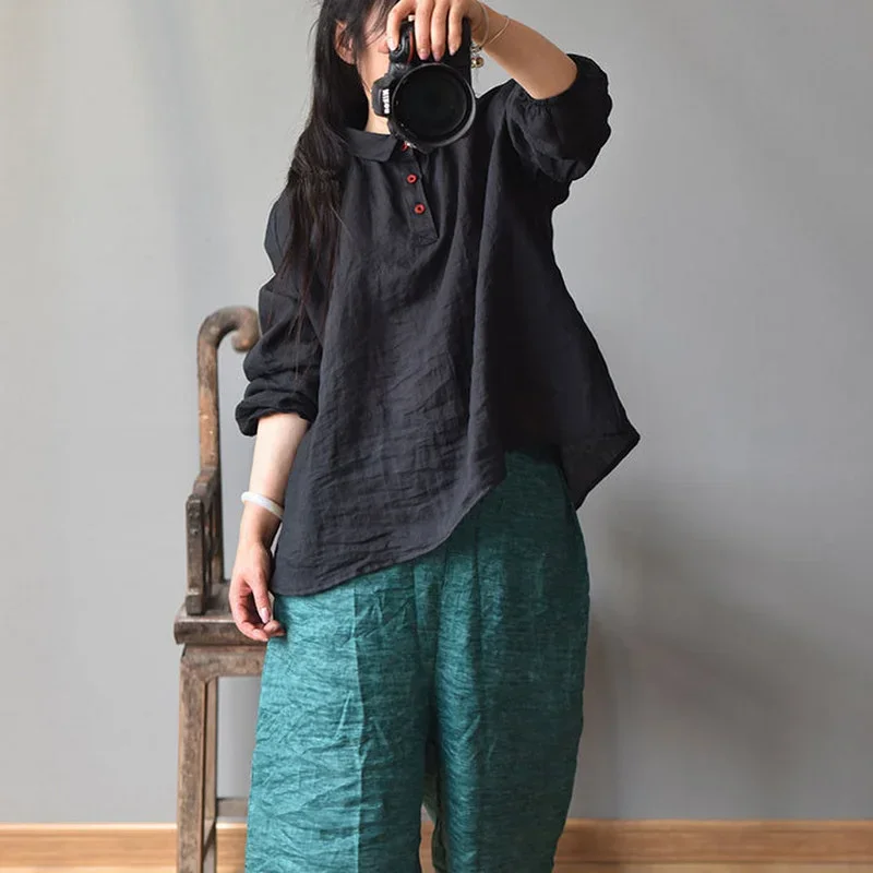 

Summer New Retro Ethnic Style Cotton Linen Shirt Women Soft Pullover Blouse Turn Down Collar Half Sleeve Womens Tops
