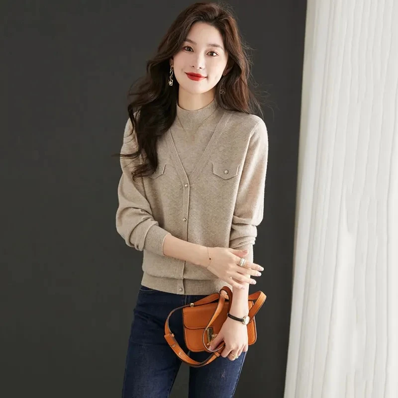 2023 New Splicing Pullover Sweater Women Autumn Winter Clothes Korean Fake Two Slim Half-High-Necked Bottoming Female Shirts