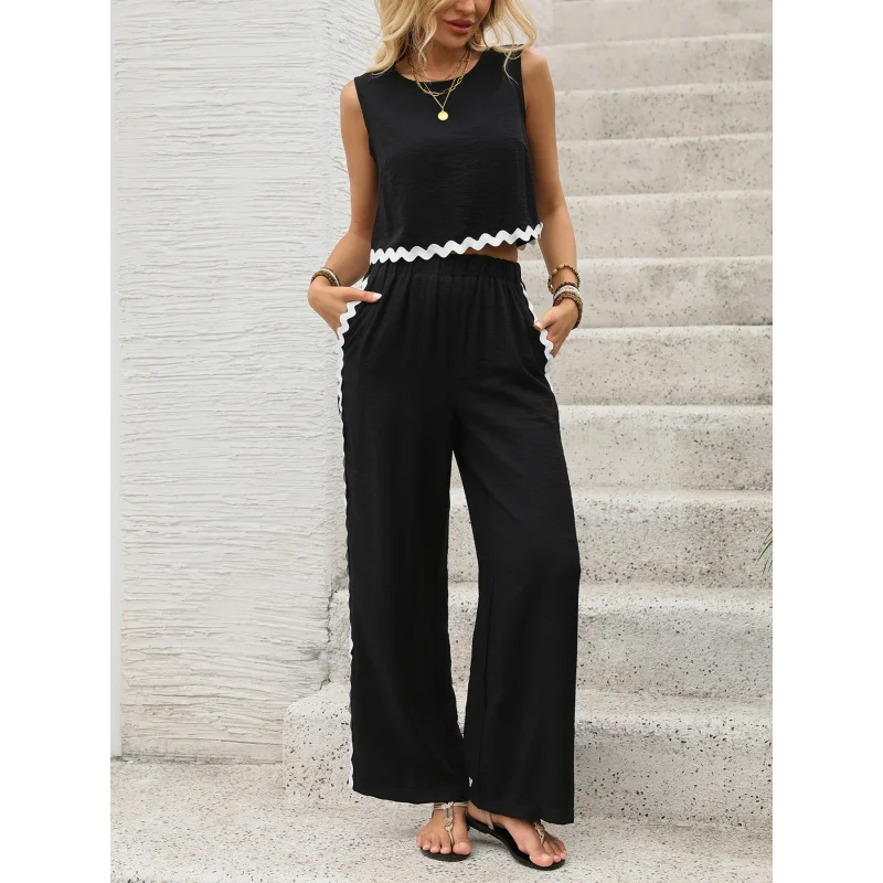 

2025 Summer New Classic Black and White Color Contrast Patchwork Sleeveless Vest Pants Two-Piece Set for Women N001