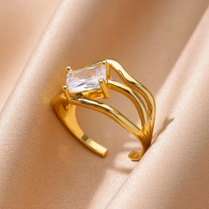 Rectangle Zircon Rings for Women Waterproof Opening Stainless Steel Ring 2024 Trend New Couple Wedding Jewelry Freeshipping Item