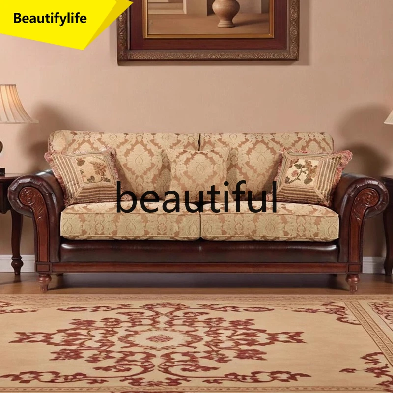 

07A Solid wood fabric, retro villa bedroom living room living room three-person sofa
