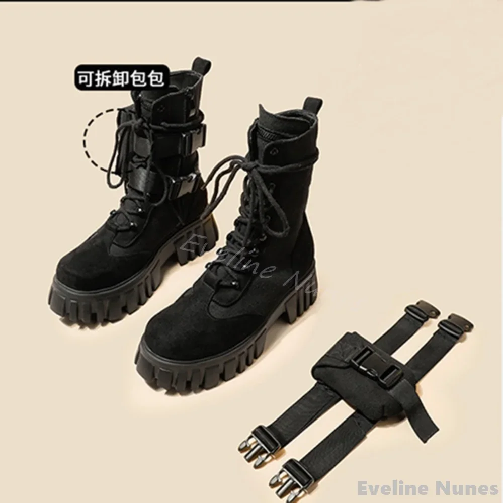 

Buckle Work Boots with Bag Women Round Toe Chunky Heel Cross Tied Retro Mid Calf Boots 2025 New Height Increasing Knight Boots
