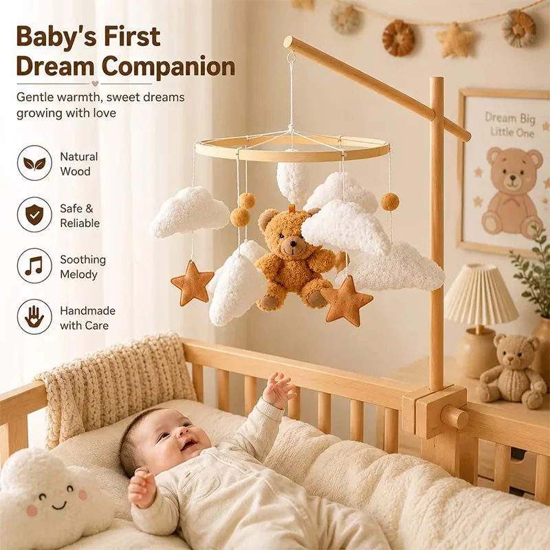 Teddy Bear Themed Mobile bed bell Set Solid Wood Rotating Stand Bracket Soft Felt Mobile Crib Decoration Soothing Mobile Gifts