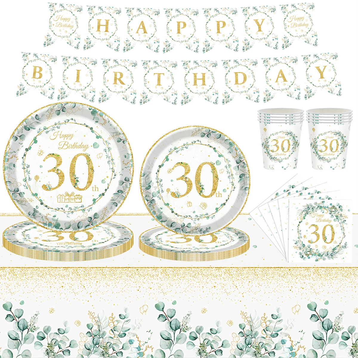 

30th Birthday Decoration Eucalyptus Leaves Disposable Tableware Paper Plate Cup Napkin 30th Birthday Party Decoration Supplies