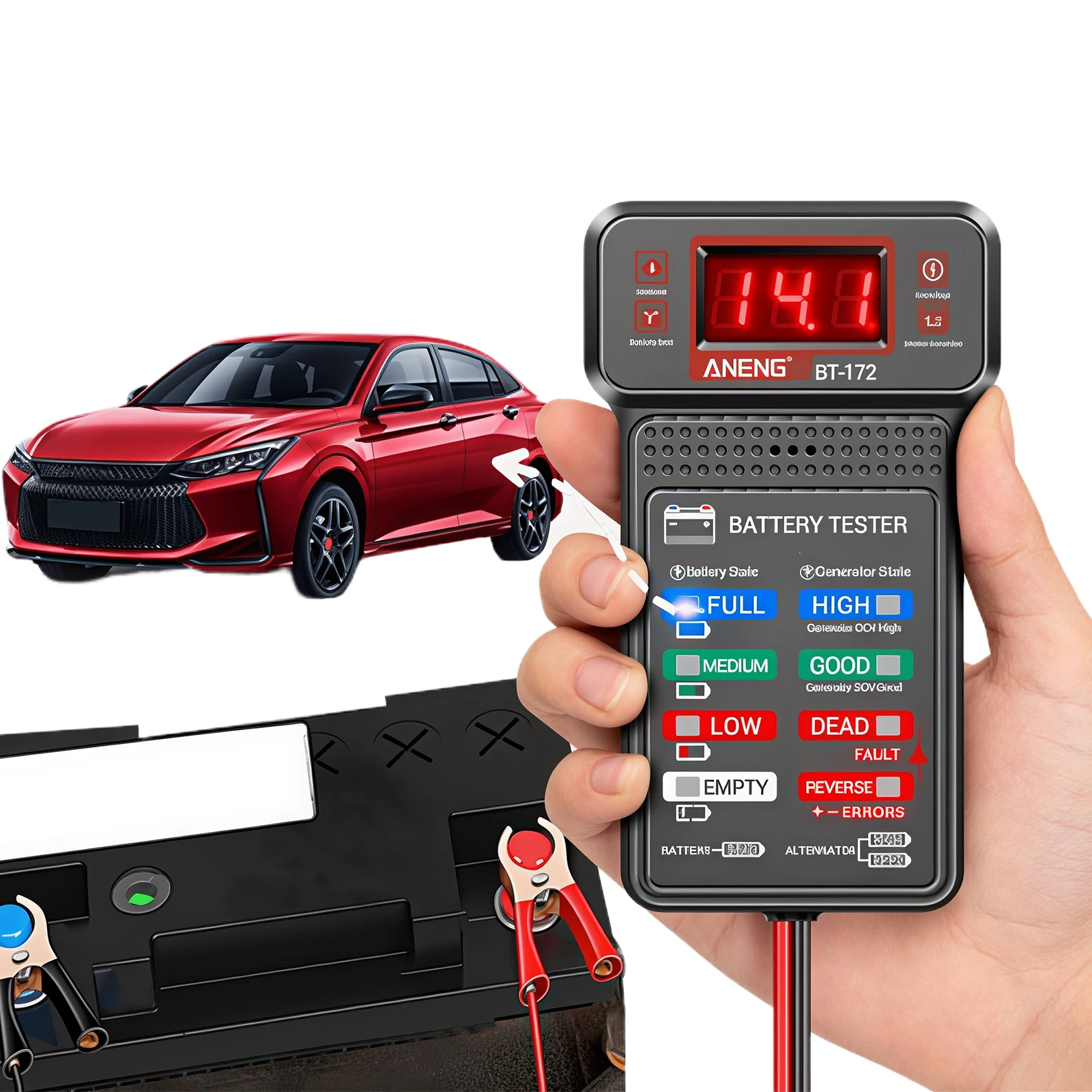Automotive Battery Voltage Tester 12V Alternator Checker LED Indicator Reverse Polarity Protection Tool
