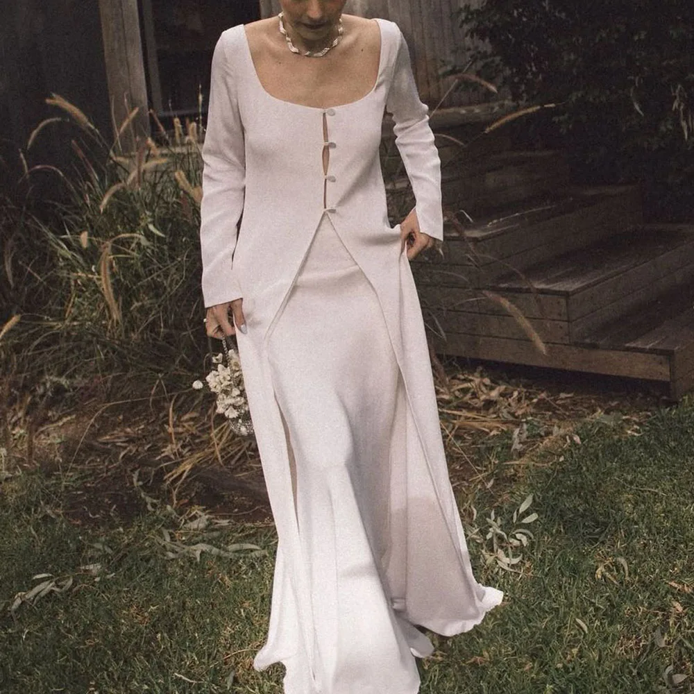 Boho Minimalist Two Piece Bridal Gown Square Neck Long Sleeve Wedding Dress Front Split Button Casual Wedding Dress
