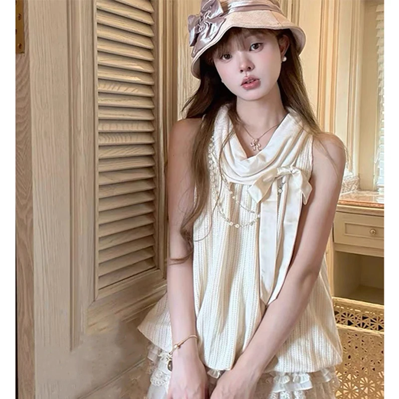 

Винтажные женские рубашки с бантом в стиле Харадзюку, милые блузки на шнуровке, летние женские японские топы без рукавов в стиле кавайи, свободные повседневные дизайнерские топы, новинка