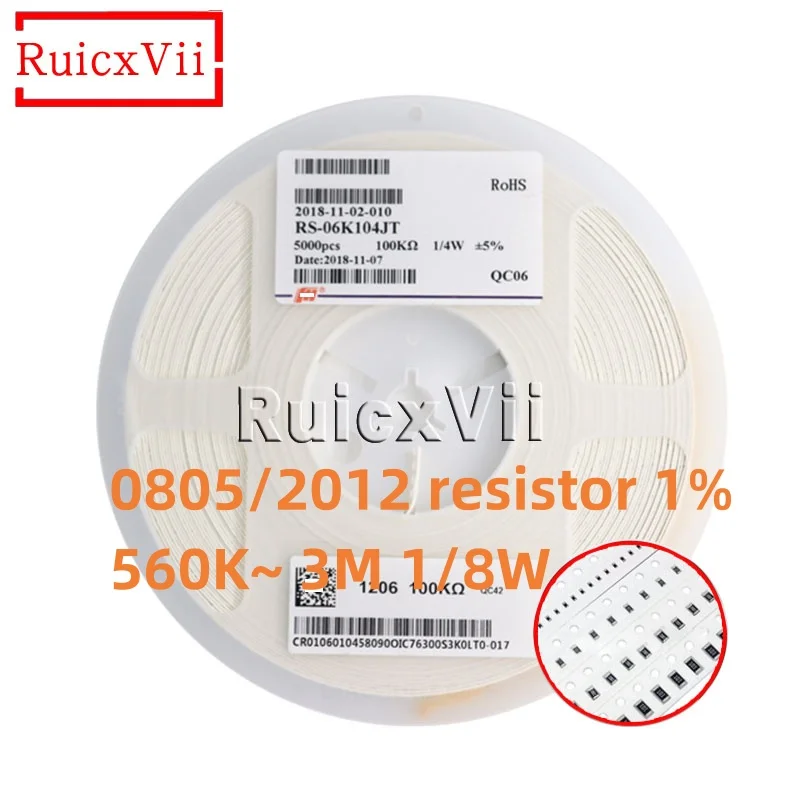 

1000pcs 0805 Chip resistor 1% 2012 560K 620K 680K 750K 820K 910K 1.1M 1.2M 1.3M 1.5M 1.6M 1.8M 2M 2.2M 2.4M 2.7M 3M 1/8W