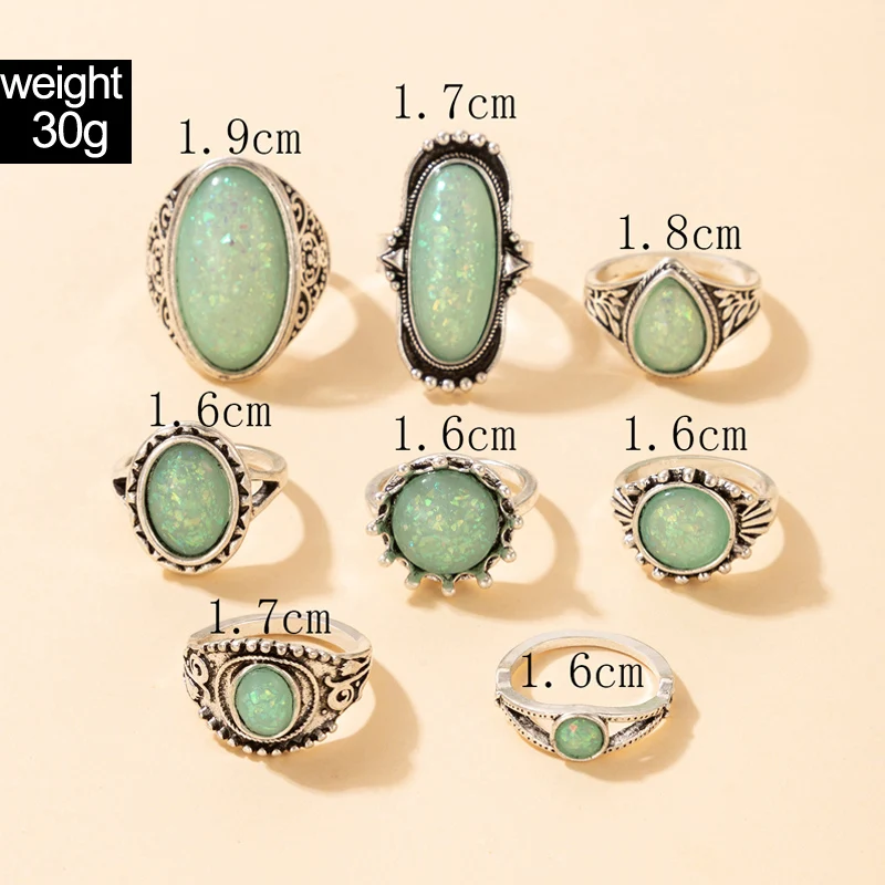 Tocona Vintage Antique Silver Color Rings Sets Colorful Opal Crystal Stone Carve for Women Men Bohemian Jewelry Anillos 6421