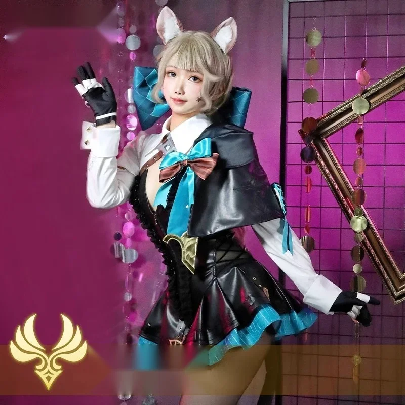 Halloween Costumes Anime Game Genshin Impact Fontaine Magician Lynette Cosplay Suit Woman Skirts Cloak Jumpsuit Cat Ears Tail