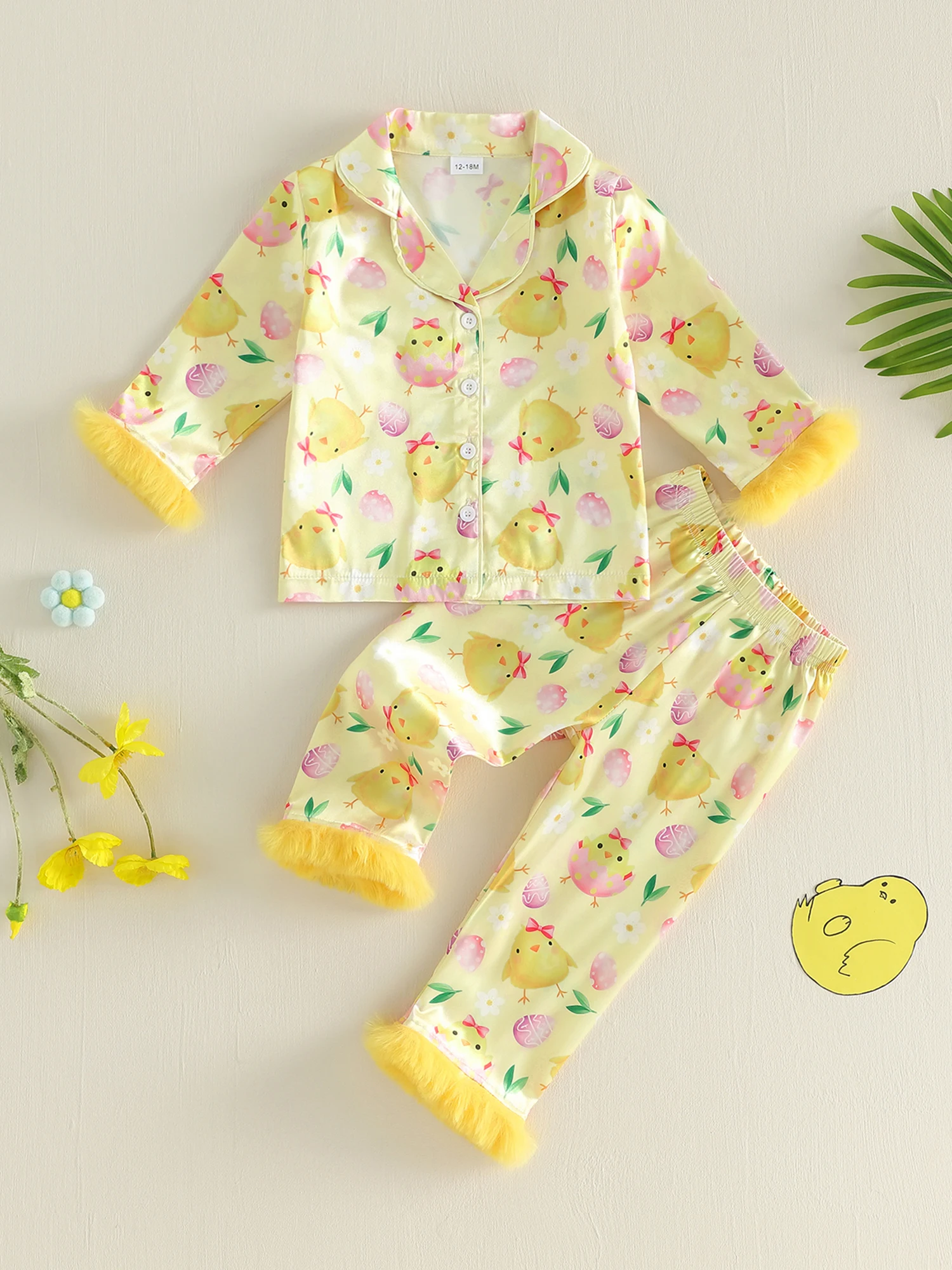 

2Pcs Easter Pajamas Sets for Boys Long Sleeve Lapel V Neck Button Down Bunny Carrot Print Tops and Elastic Waist Pants with