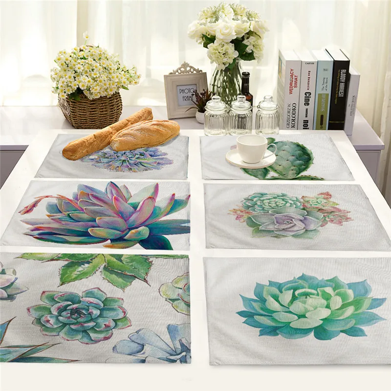 Succulent Plants Printed Placemat Coaster Dining Table Mat Cotton Linen Bowl Cup Mat kitchen Pads 45*32cm Home Decor