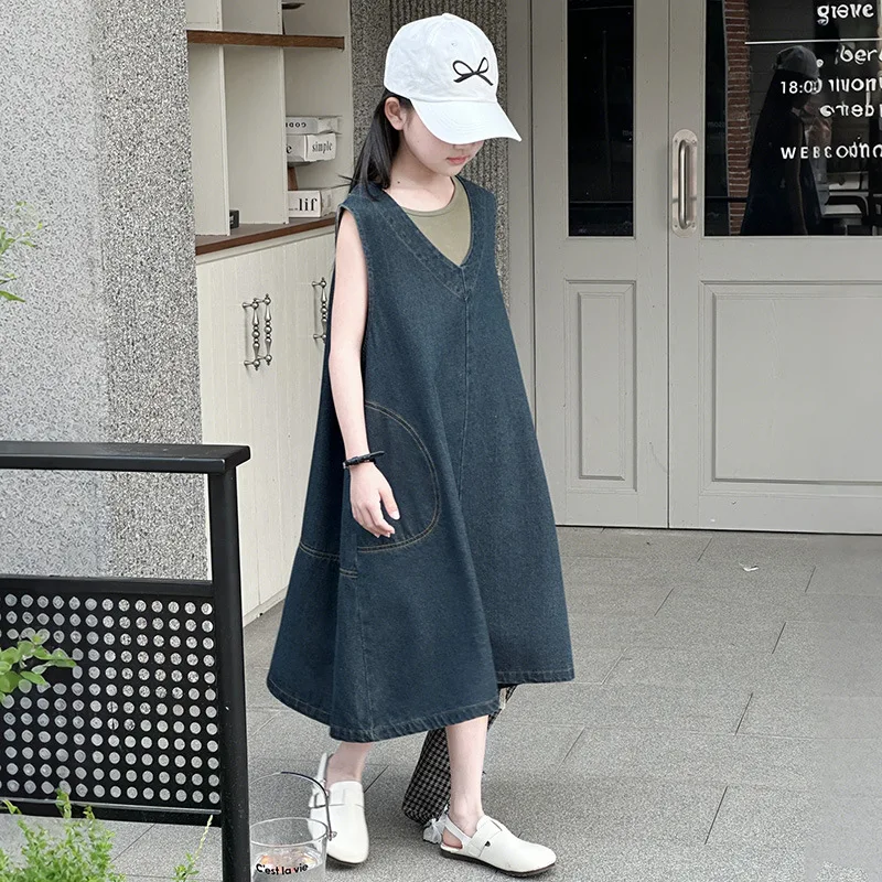 Sommer-Denim-Hosenträgerkleid für Mädchen, 2025, neuer Frühling und Sommer, Kinder-Sommer-Tank-Top-Kleid, einfach und vielseitig