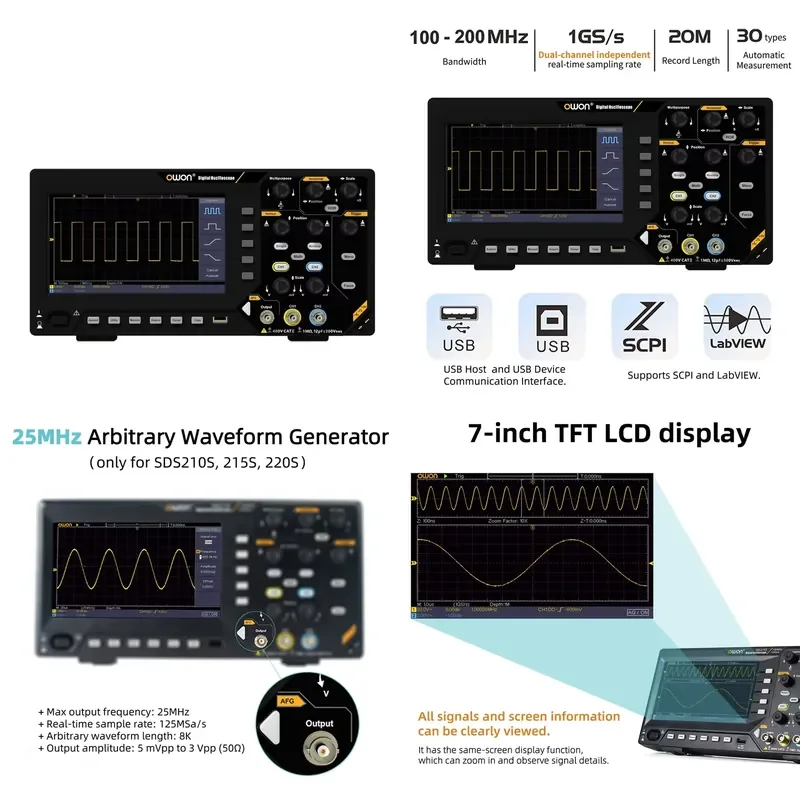 For Owon SDS200 Series 2-Channels 100Mhz-200Mhz Range 1GS/s FFT Digital Oscilloscope 25MHz 8Bit Signal Generator Models