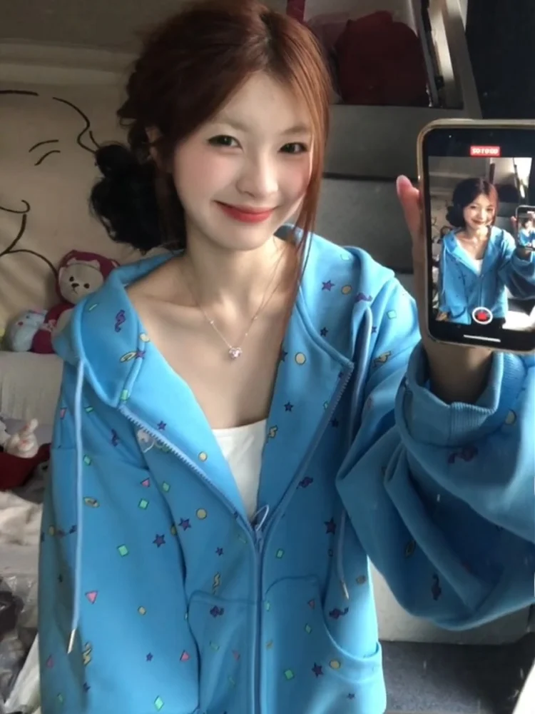 Luźna bluza z kapturem damska wiosenno-jesienna z nadrukiem gwiazd, styl high street, swobodna, wygodna odzież wierzchnia streetwear