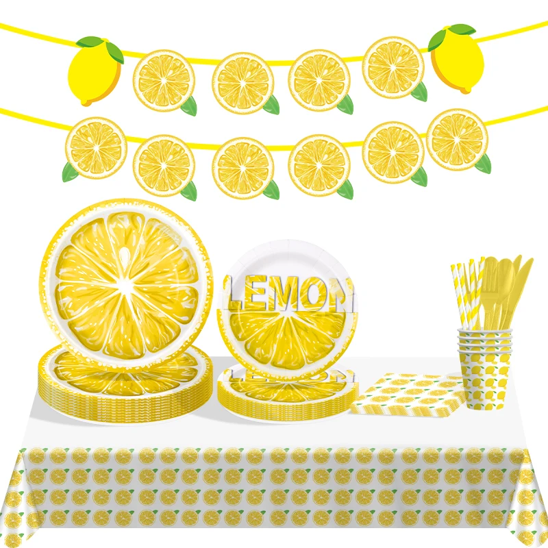 

New Yellow Lemon Cartoon Theme Party Disposable Tableware Paper Plates Cups Birthday Baby Shower Decoration Party Supplies Set
