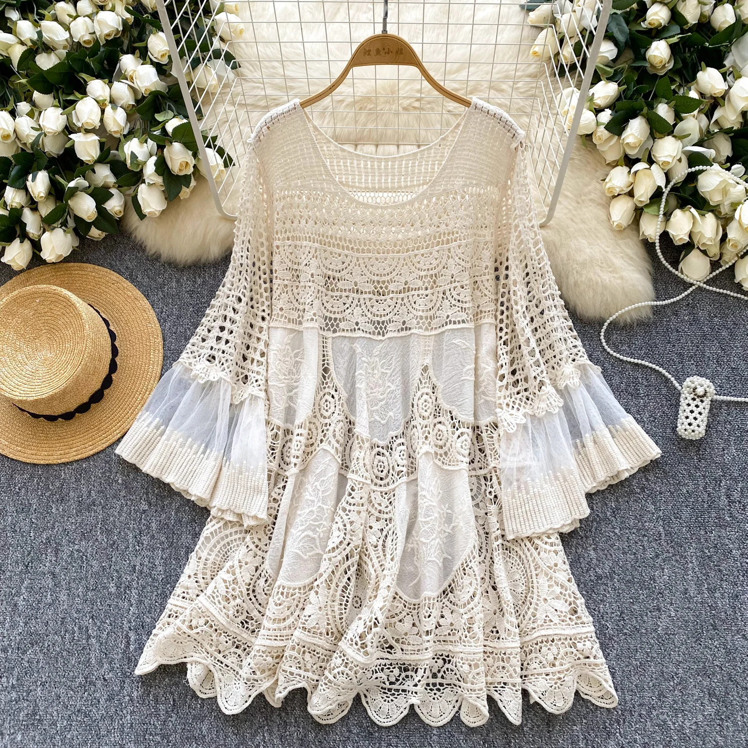 

Chic Elastic Knit Hook flower hollow Spliced vintage Women Elegant Korean Fashion Vestidos Summer Slim bohemian dress