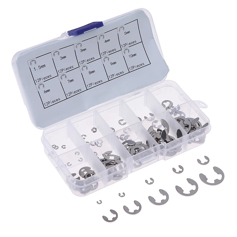 New-120Pcs/Box 304 Stainless Steel E-Clip Retaining Circlip Assortment Kit M1.5~M10