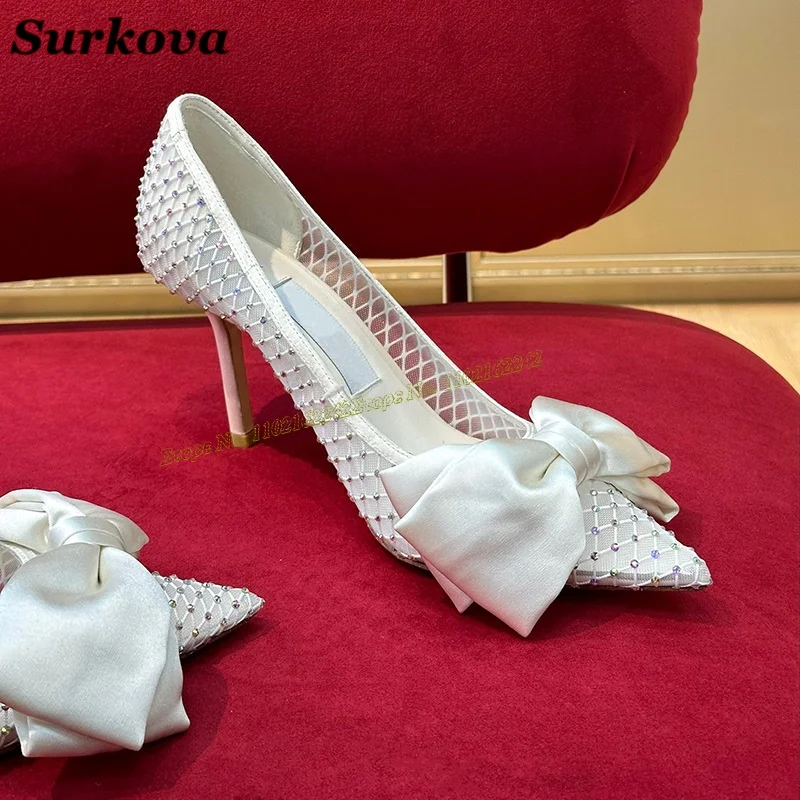 Bowknot Rhinestone Pumps Summer New Mesh Pointed Stiletto High Heels Fashionable Breathable Banquet Dress Wedding Pumps Female