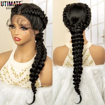 Sintético Lace Front Cornrow trançando perucas para mulheres negras, Fishtail trançado perucas, cabelo do bebê, 24 polegadas