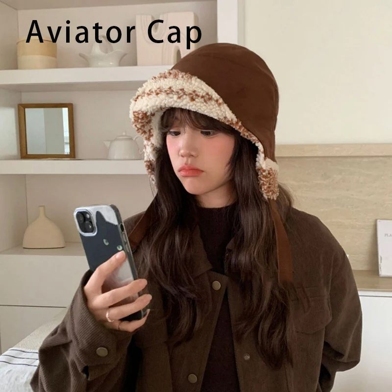 

Двусторонняя зимняя шапка в стиле ретро из искусственной замши и плюша, кепка-авиатор, двусторонняя теплая защита ушей, термоуличный стиль для мужчин и женщин