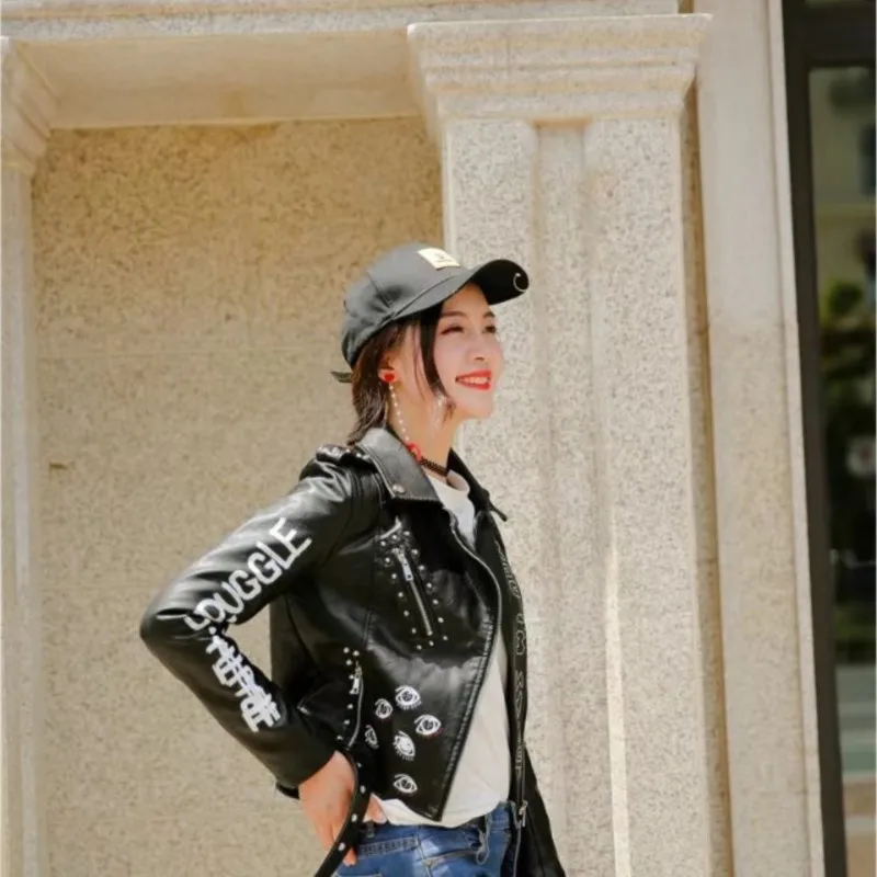 Spring Autumn 2024 New Rivets Letters Print Motorcycle Leather Short Fashion Hip-hop Jacket Women's Coats Female Outwear