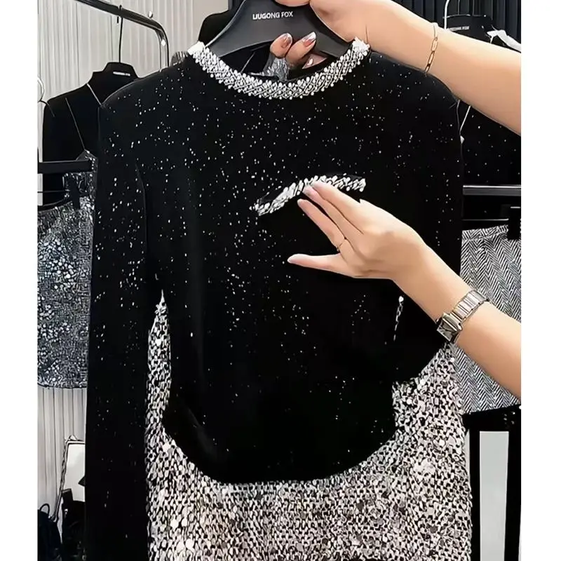 Women's Winter Autumn Tops Undershirts Lace Blouses Plus Size Sequins Diamond Embellishment Comfortable Casual Fashionable Niche
