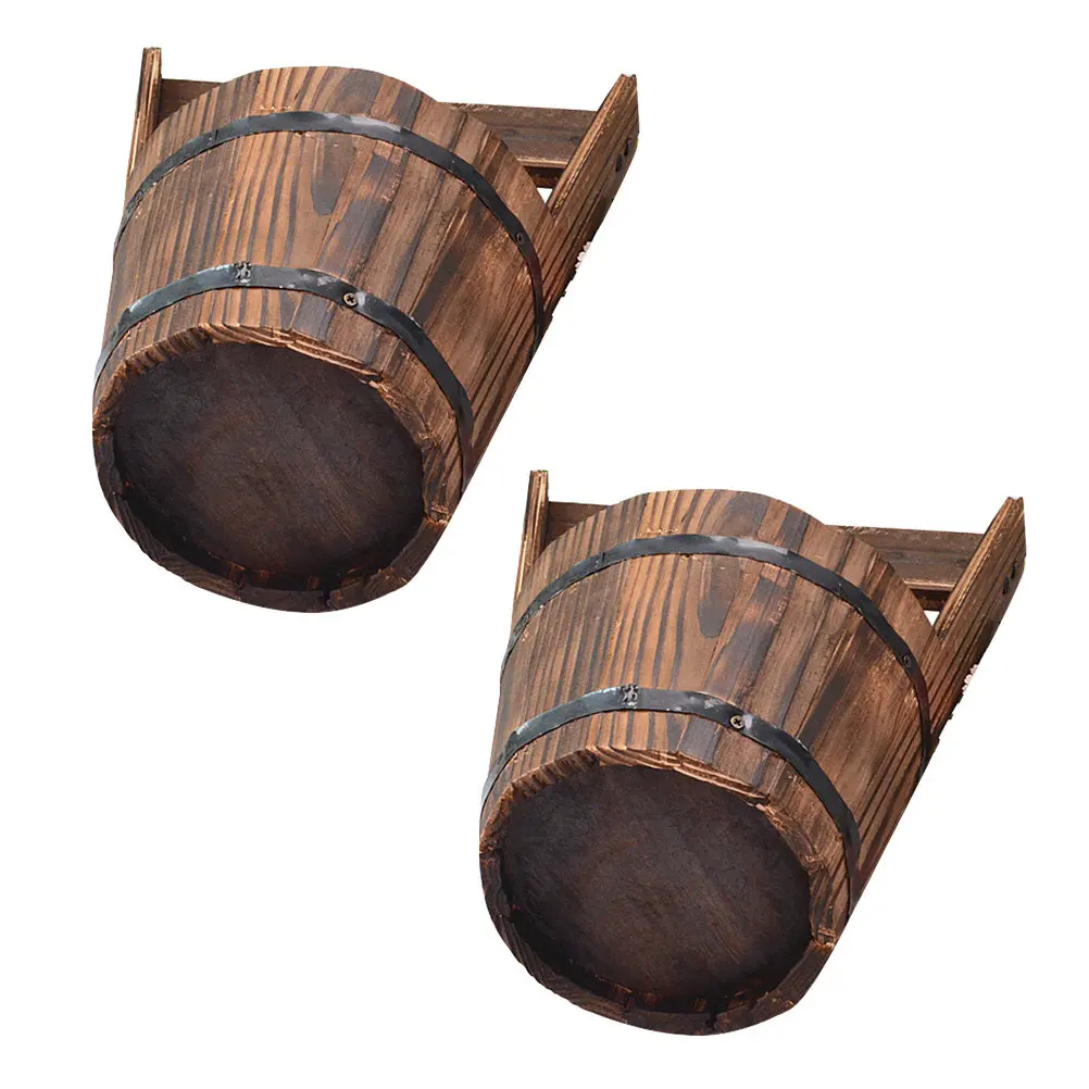 Wood Flower Planter Bucket Set – 2pcs Hanging Rustic Pot for Balcony, Fence, Garden, Succulents & Cactus Decor