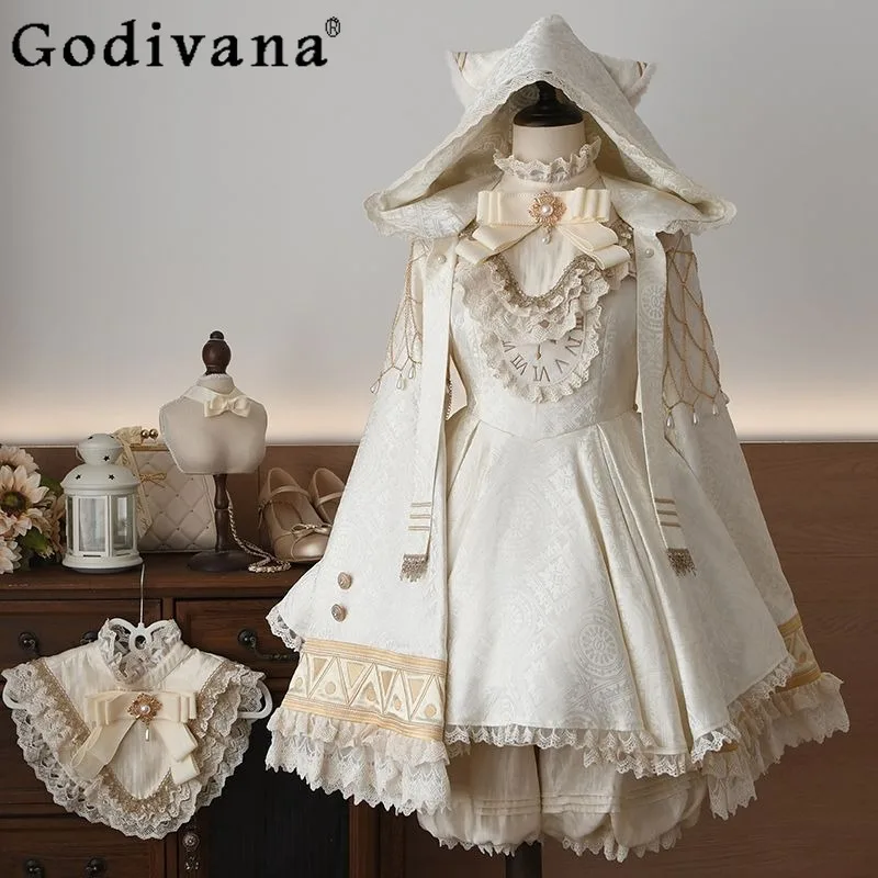 

Japanese Style Sweet Lolita Dress Ladies High Waist Two Design Heavy Craft Puffy Dress Set Women's Elegant Dress with Hat