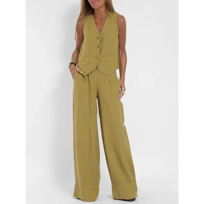 Summer White Linen Two Piece Set for Women 2023 Fashion Sleeveless Tank Top Female New in Matching High Waist Wide Pants Suit