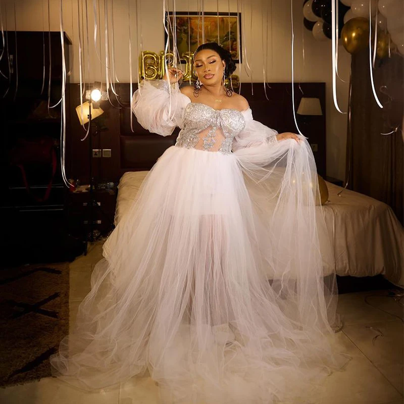 

Rhinestone Wedding Robes for Bride Bridal Shower Dresses Off Shoulder Long Sleeve A Line Floor Length vestidos de novia