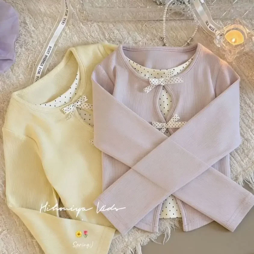 New Autumn Children Fake Two Piece Long Sleeve T-shirt Baby Girl Polka Dot Bow Cutout Front Base Top Kid Clothes Soft Undershirt