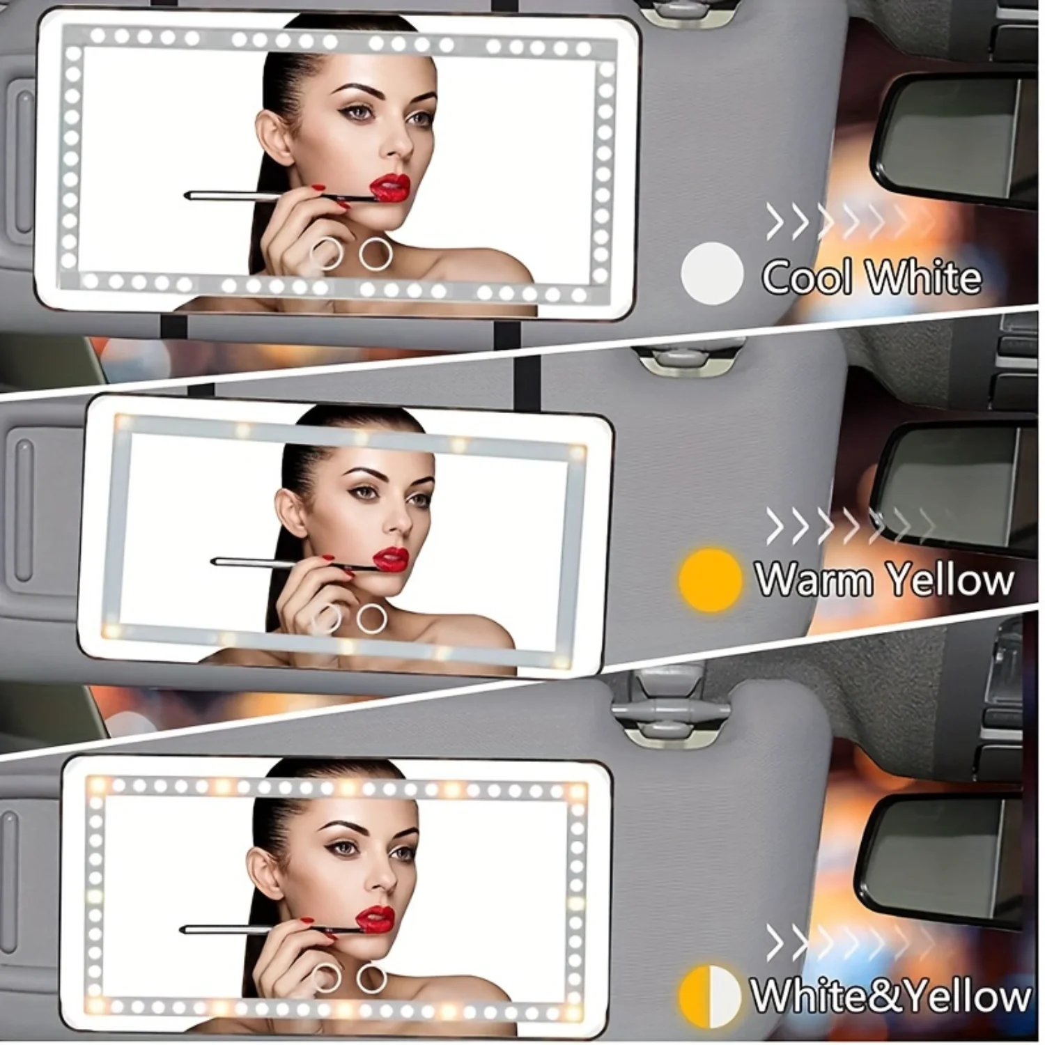 Universal LED Car Makeup Mirror with Fill Light, Dimmable Screen - 3 Light Modes, Ideal for Vanity & Rearview Mirror