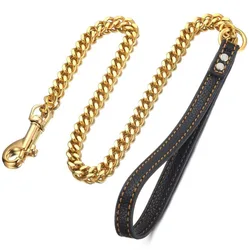 Guinzaglio a catena per cani in acciaio inossidabile resistente da 10MM catena a maglia cubana Miami in oro 18 carati per impieghi gravosi con manico in vera pelle per cani di taglia grande