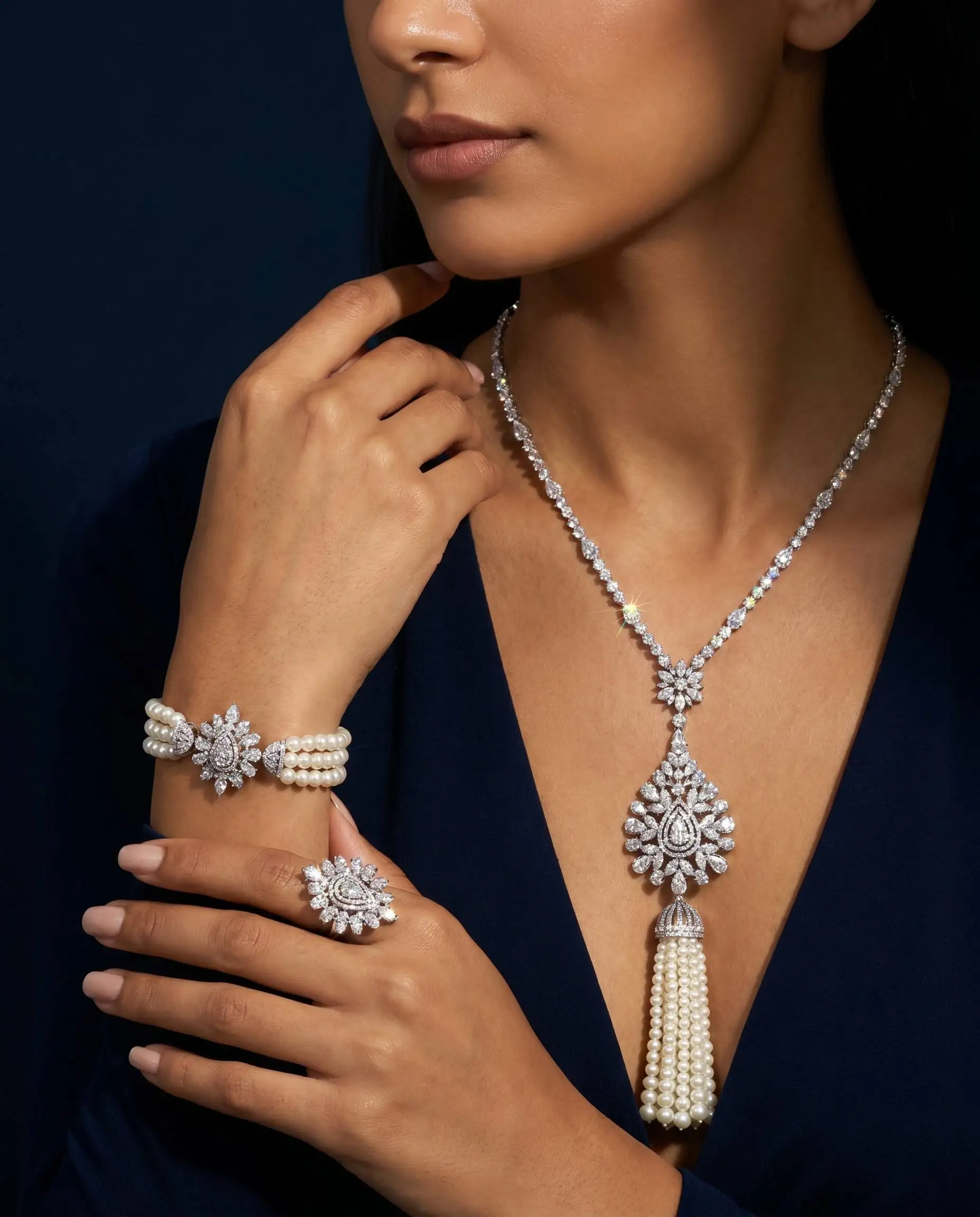 Bride Talk Luxury 4PCS Pearl Tassel Fringe Jewelry Set Floral Sunburst CZ Zirconia Bridal Dubai African Wedding Accessories view 3