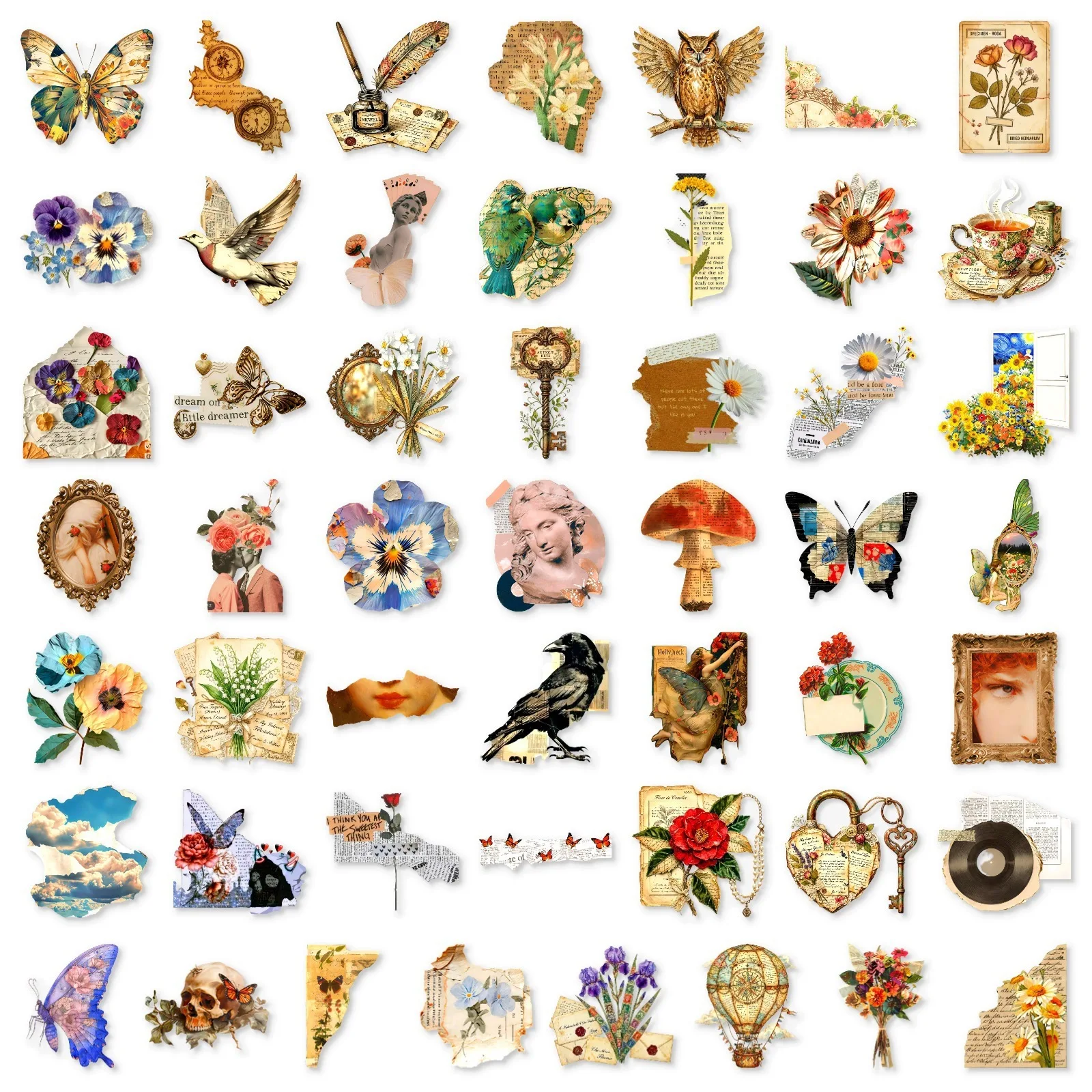50Pcs Vintage Paper Tip Flower Language Butterfly Transparent PET Stickers Scrapbook Journal Diary Decorative Sticker Decals