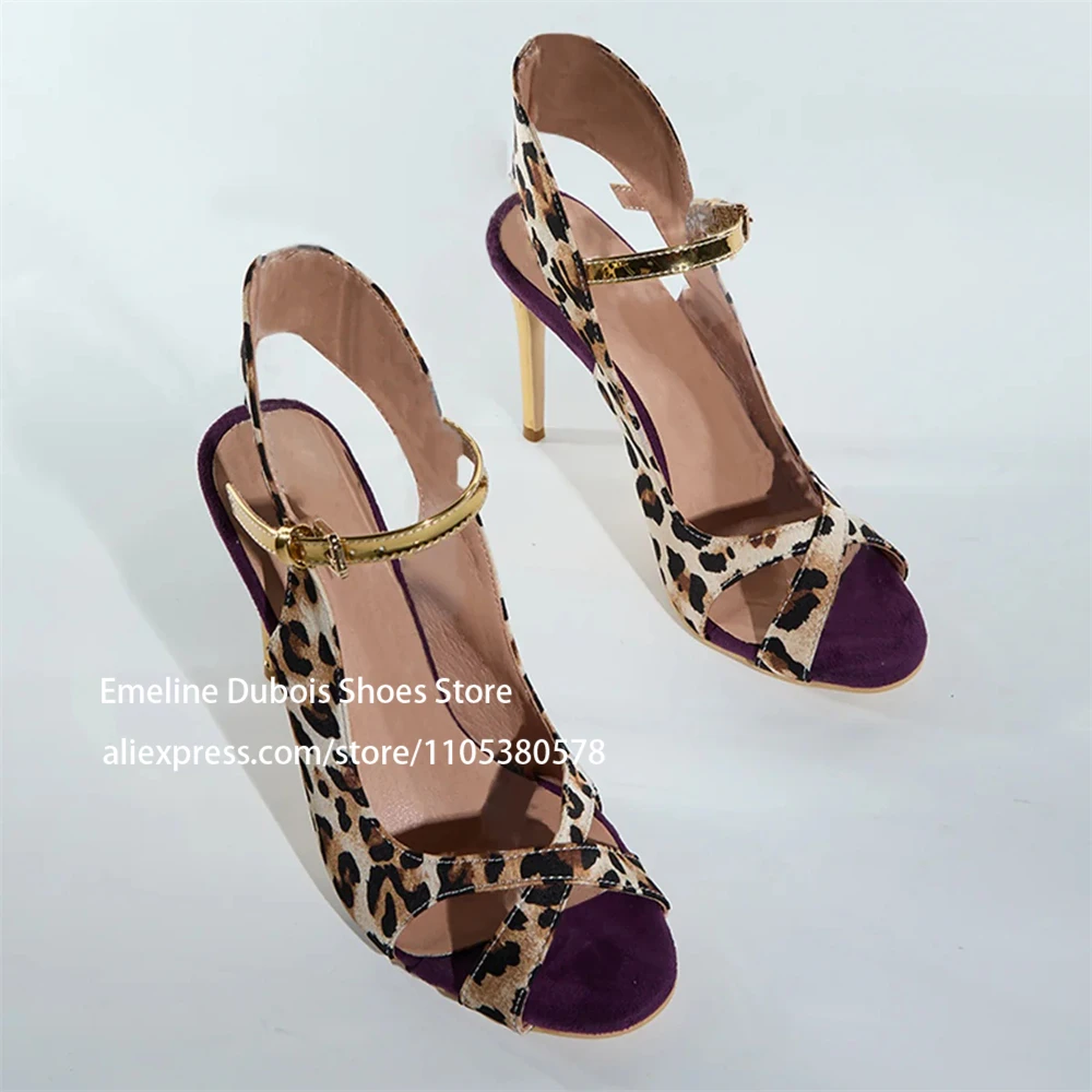 

Leopard Suede High Heels Pumps Gold Ankle Strap Cross Straps Stilettos Heels Peep Toe for Party Date Women Summer Sexy Shoes