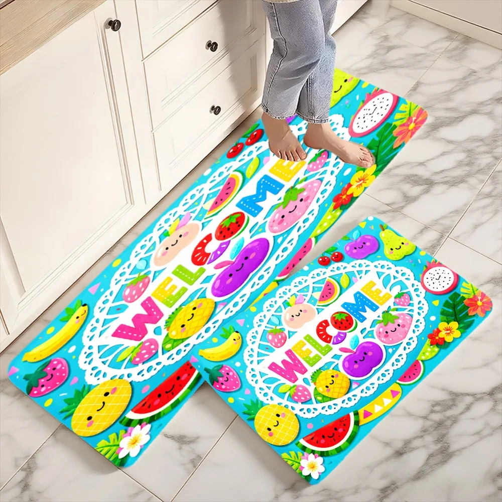 3PCS Mat Set,  Home Decoration for Front Door, Kitchen,  Welcome Fruit Pattern With Smiley Faces And Flowers Kitchen Rug.