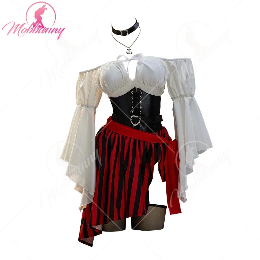 

Mobbunny Female Pirate Sexy Lingerie Outfit Halloween Costume One Shoulder Top and Irregular Skirt with Waist Belt and Eye Mask