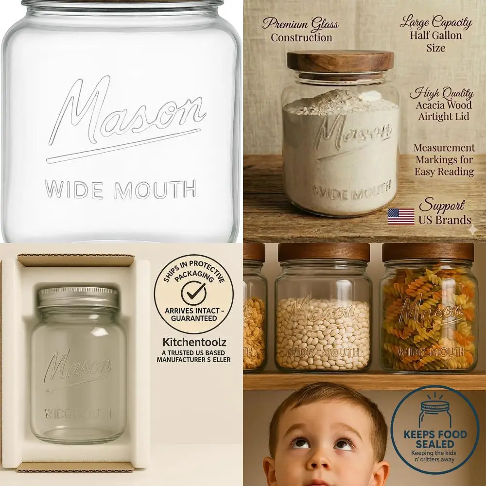 

Полугалонные баночки Mason с широким горлышком и крышками, стеклянные банки для хранения вещей на 64 унции для кухонных принадлежностей, 2 шт.