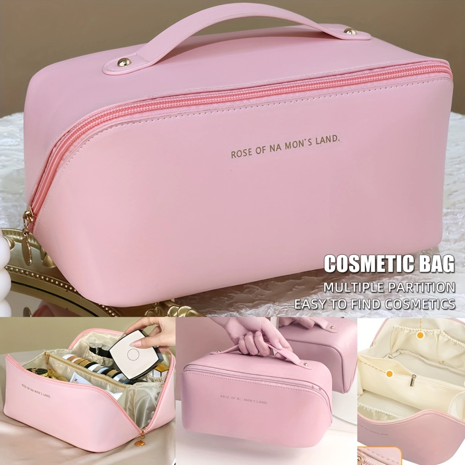 Large Capacity Makeup Bag, Multi-Layered With Dividers, Portable Zippered Pouch, PU Leather, Waterproof, Multifunctional Travel 