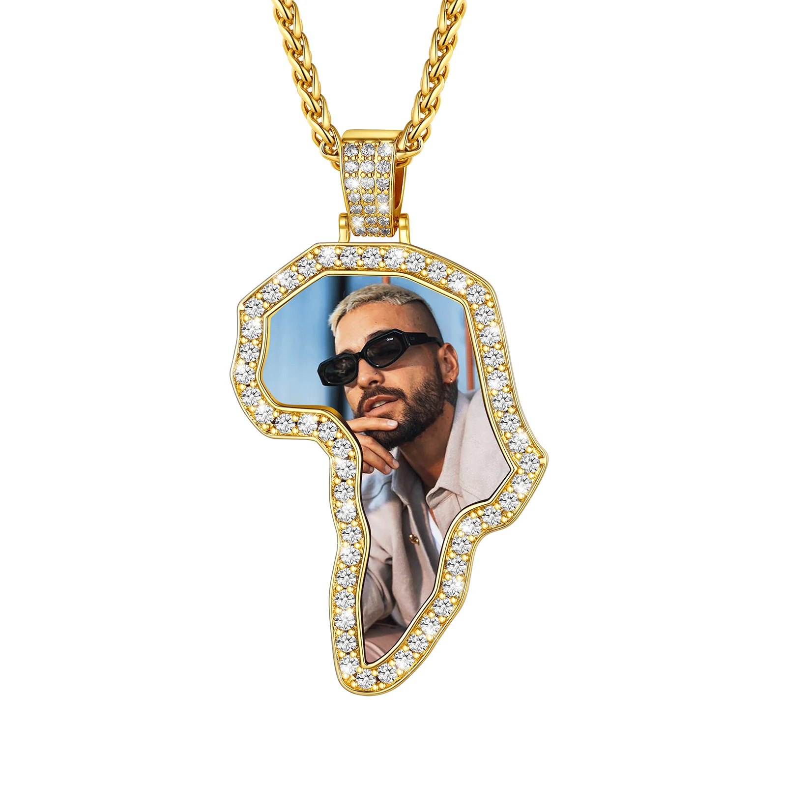 U7 Ice Out CZ Stainless Steel Personalized Photo Africa Map Necklace Custom Laser Engraving Back 20''Link Chain Hip Hop Jewelry