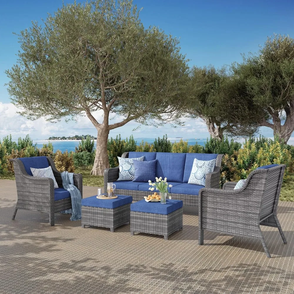 

Patio Furniture Set 5 PCS, Outdoor Rattan Chairs Set with Ottomans, with Comfy Cushions,High Back Outdoor Furniture Set