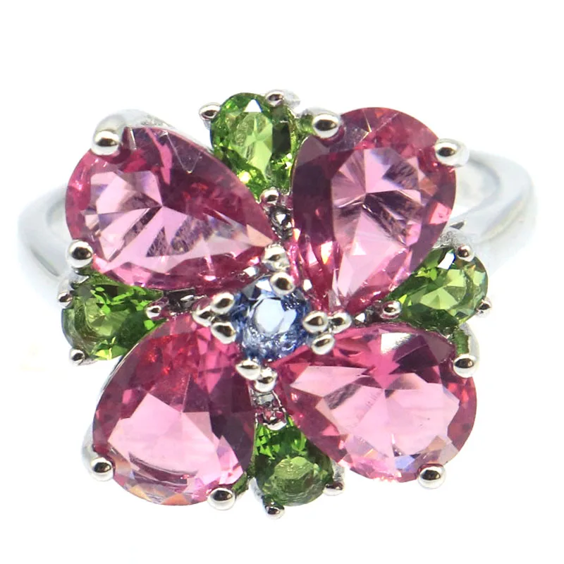 

SheCrown 16x16mm Multi Color Pink Tourmaline Peridot London Blue Topaz Violet Tanzanite Females Silver Rings Daily Wear
