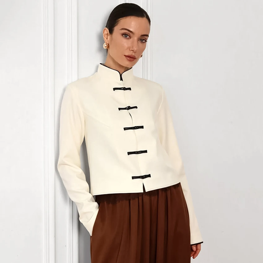 Linad Vintage Apricot Chinese Knot Stand Collar Shirts Female Office Lady Slim Long Sleeve Blouses Casual Button Up Tops 2026