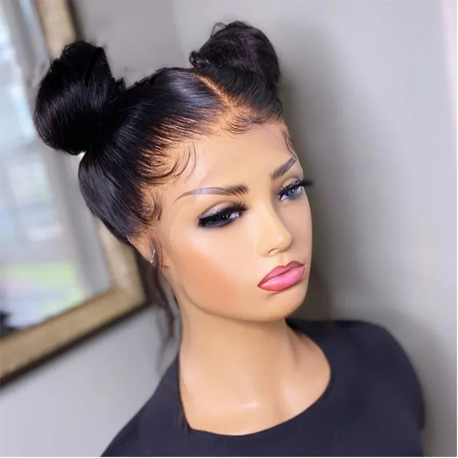 شعر مستعار ناعم 26 بوصة 180 كثافة طبيعي أسود بدون صمغ طويل مستقيم عميق باروكة أمامية من الدانتيل للنساء مع شعر أطفال مقطوف مسبقًا يوميًا