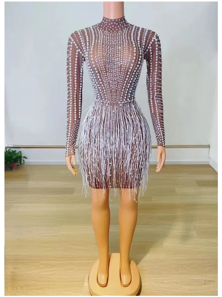 

Sexy Women Dancer Evening Flashing Pearls Rhinestones Fringe Transparent Dress Birthday Celebrate Prom See Through Outfit