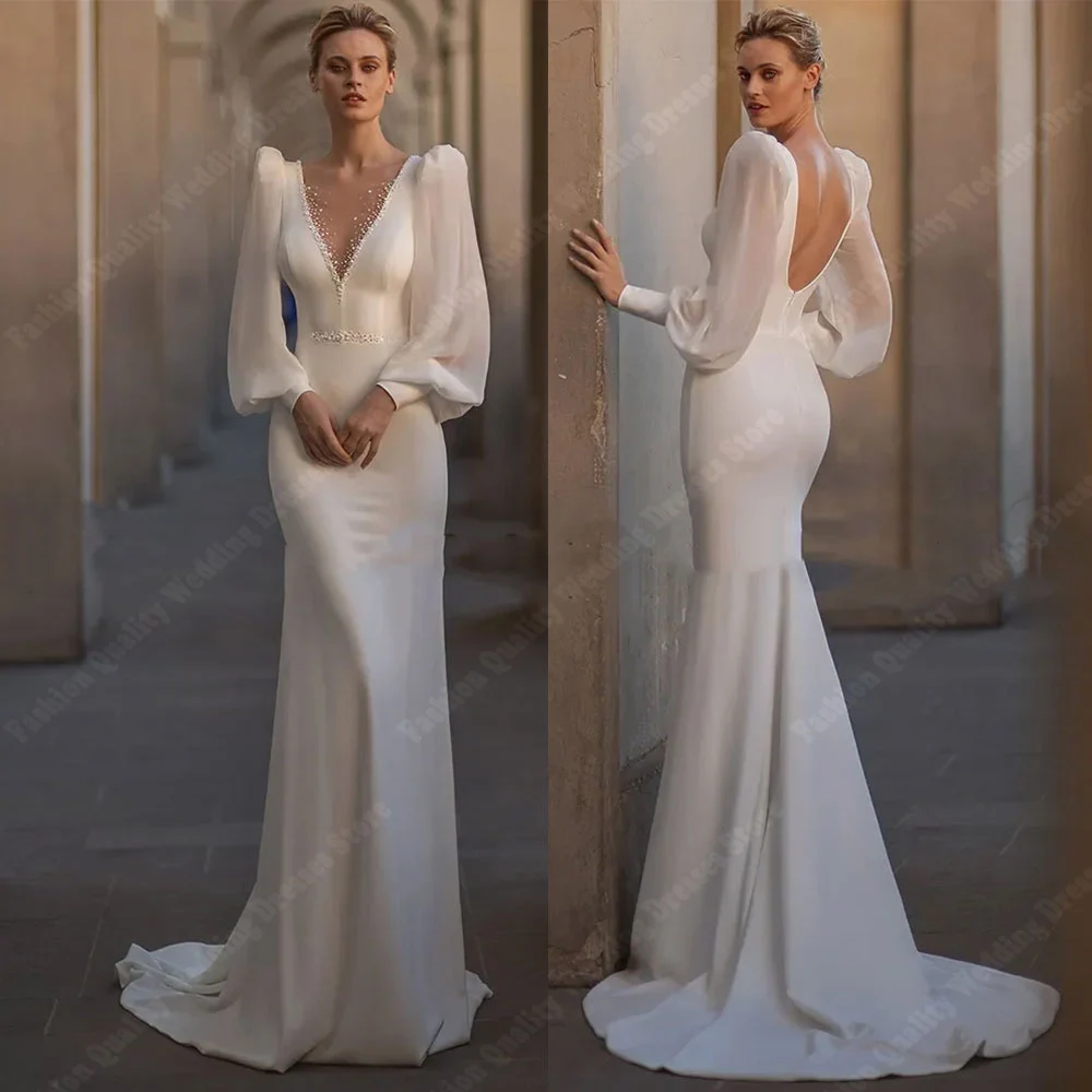 Simplicity Sexy Deep-V Neck Women Wedding Dresses Vintage Satin Surface Bridal Gowns Mopping Length Princess Vestidos De Novias